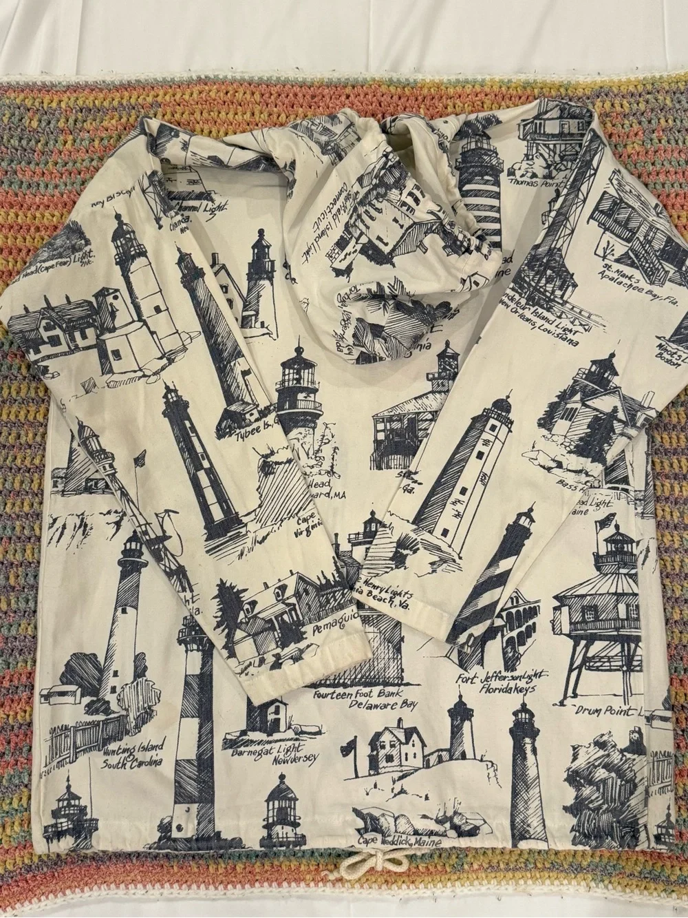 Vintage Michigan Rag Cream Hooded Button-Front Sweatshirt with Lighthouse Print